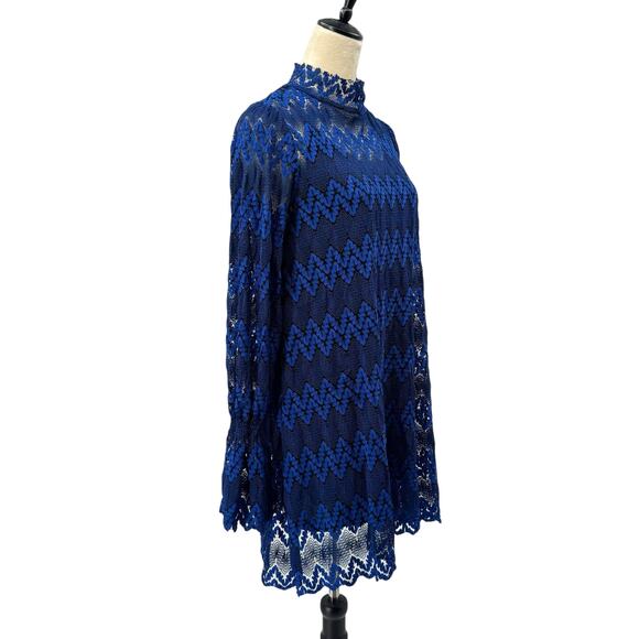 Free People NWT Simone Blue & Black Lace Long Flounce Sleeve Mini Dress - Picture 5 of 16